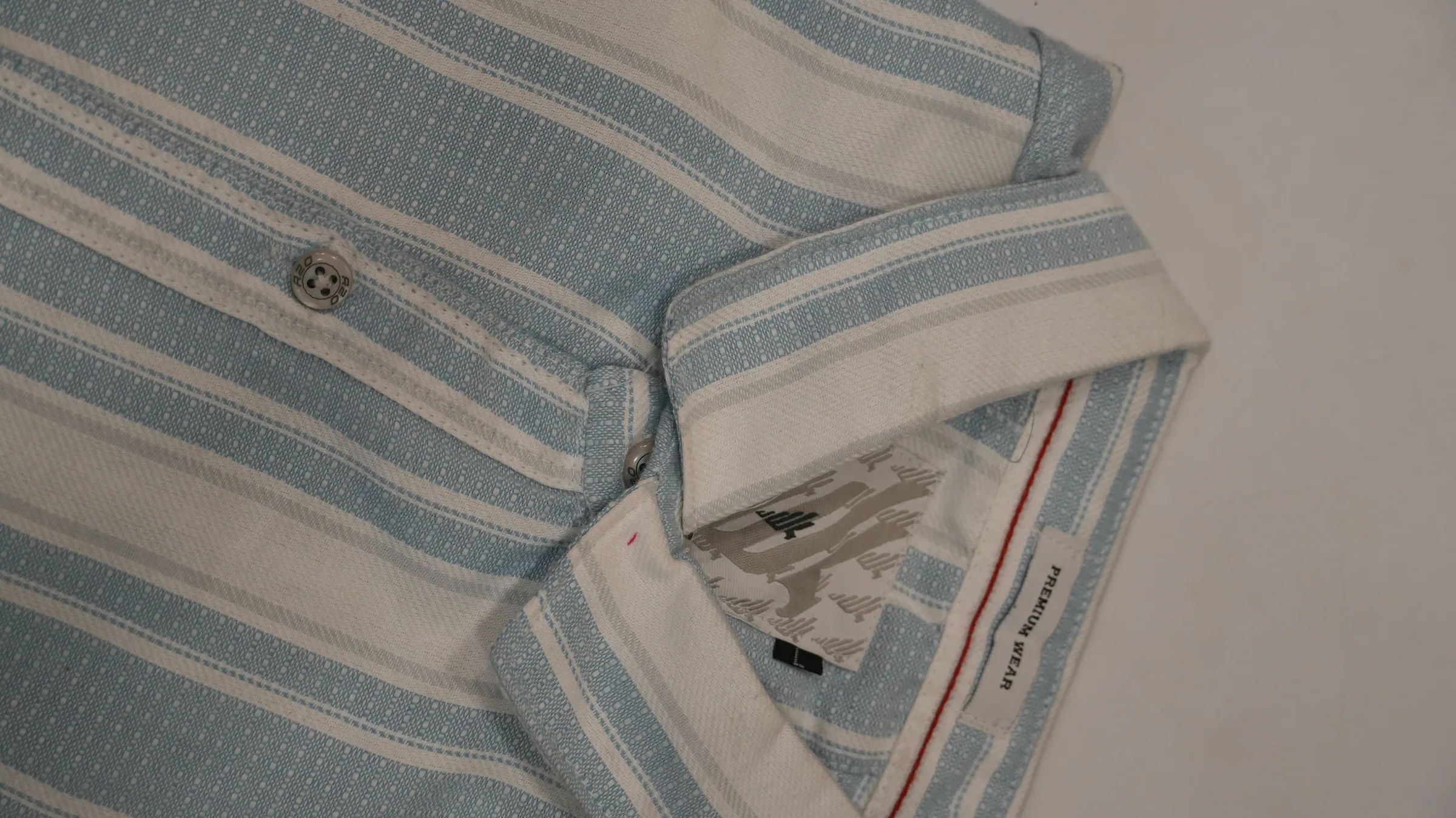 Powder blue and white dobby stripe shirt with band collar