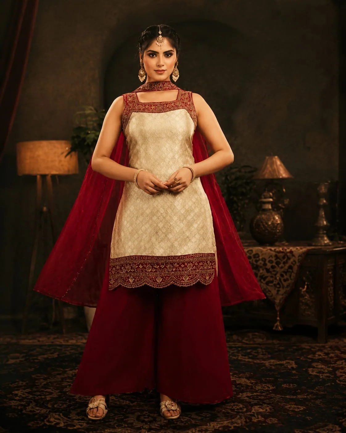 Ivory brocade sleeveless kurta with maroon embroidered border, maroon palazzo and red net dupatta