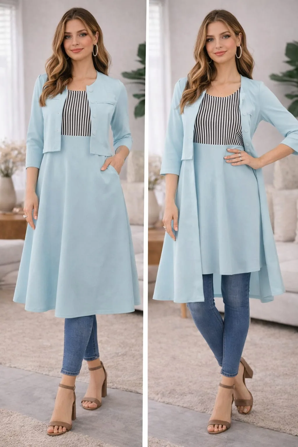 Sky blue flared midi dress with a striped bodice and cropped jacket, two views